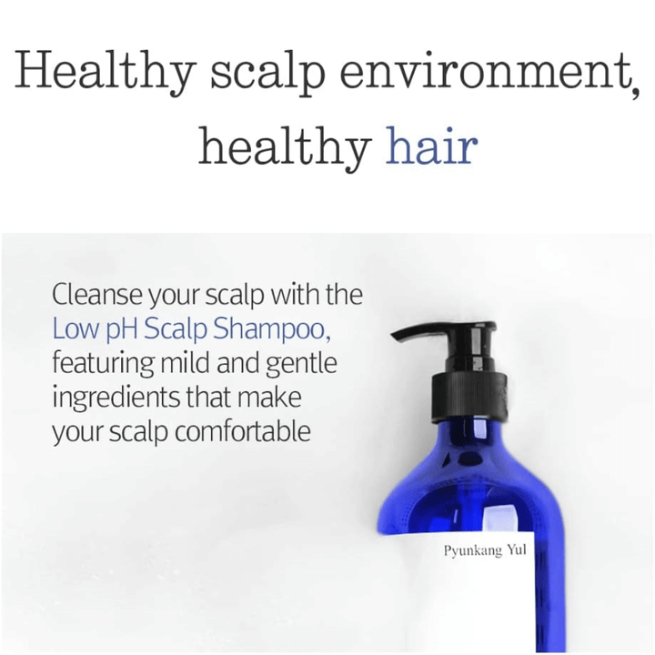 Informativna slika, ki izpostavlja Pyunkang Yul Low pH Scalp Shampoo in njeno blago formulo za uravnoteženo in zdravo okolje lasišča.