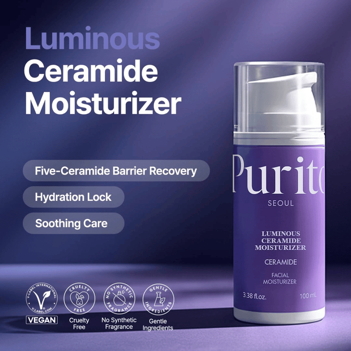 Purito Luminous Ceramide Moisturizer – korejska krema za obraz s ceramidi, ki pomaga popraviti kožno pregrado, zadržati vlago in zagotoviti enakomernejšo teksturo kože.