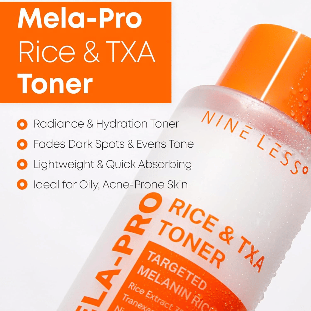 5. NINE LESS MELA-PRO Rice & TXA Toner – vlažilni tonik za obraz, ki pomaga zmanjšati vidnost temnih madežev in neenakomernega tena kože