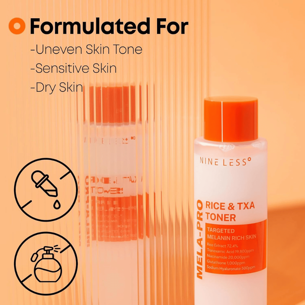 2. NINE LESS MELA-PRO Rice & TXA Toner – tonik za obraz za neenakomeren ten kože, občutljivo in suho kožo z riževim izvlečkom in traneksaminsko kislino