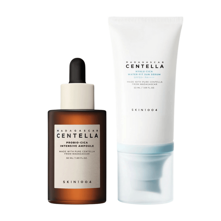 Dva izdelka za nego kože iz SKIN1004 sta prikazana: ampula in serum za zaščito pred soncem, oba vsebujeta centello iz Madagaskarja.