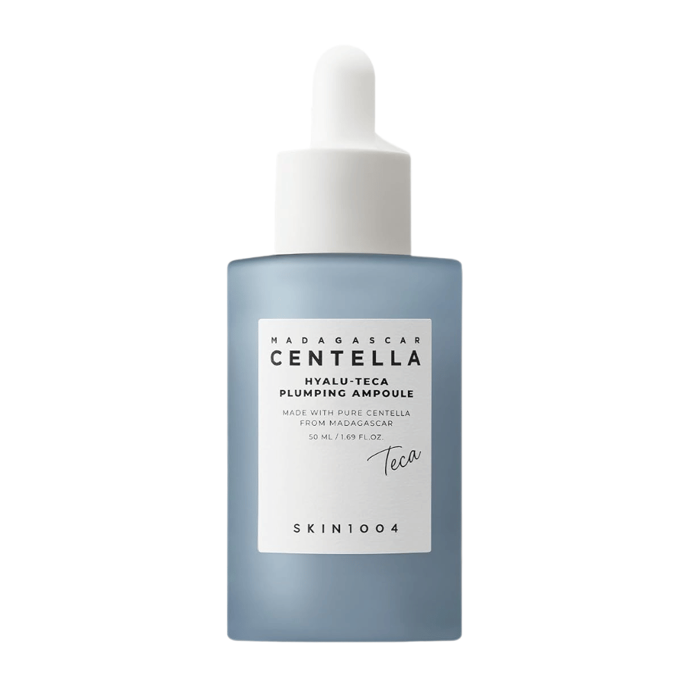 6. SKIN1004 Madagascar Centella Hyalu-Teca Plumping Ampoule 50 ml – vlažilna ampula za obraz v modri steklenički s pipeto