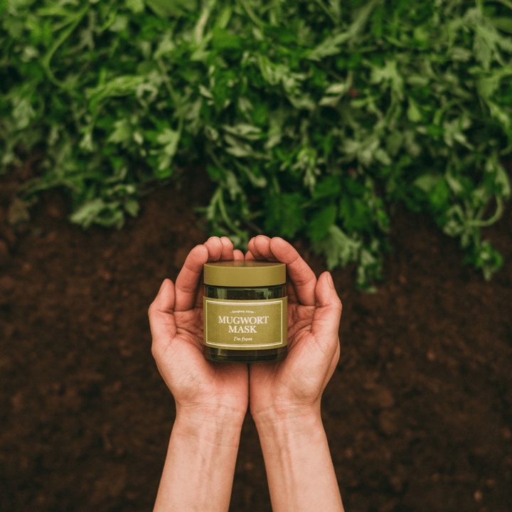 Roke, ki držijo I'm From Mugwort Mask na ozadju zemlje in svežih zelenih zelišč, kar poudarja naravne sestavine izdelka.