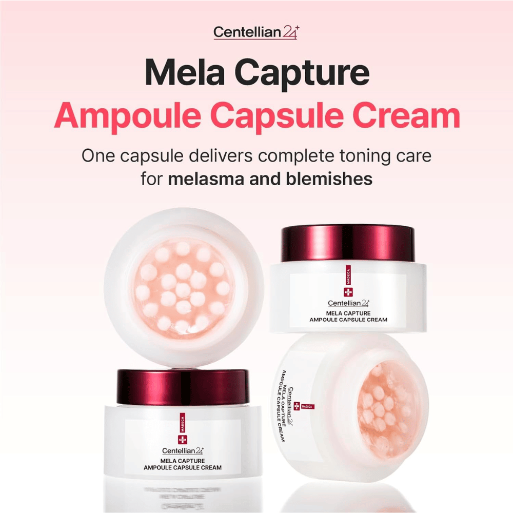 Slika izdelka Centellian24 Madeca Mela Capture Ampoule Capsule Cream s poudarkom na ampulnih kapsulah in formuli, razviti za nego neenakomernega tena kože in pigmentacije.