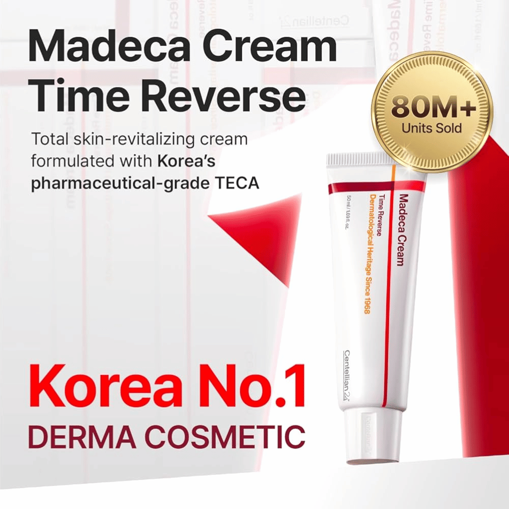 Centellian24 Madeca Cream Time Reverse je predstavljena kot vodilna korejska derma-krema s TECA, več kot 80 milijonov prodanih enot in osredotočenostjo na obnovo kože in krepitev bariere.