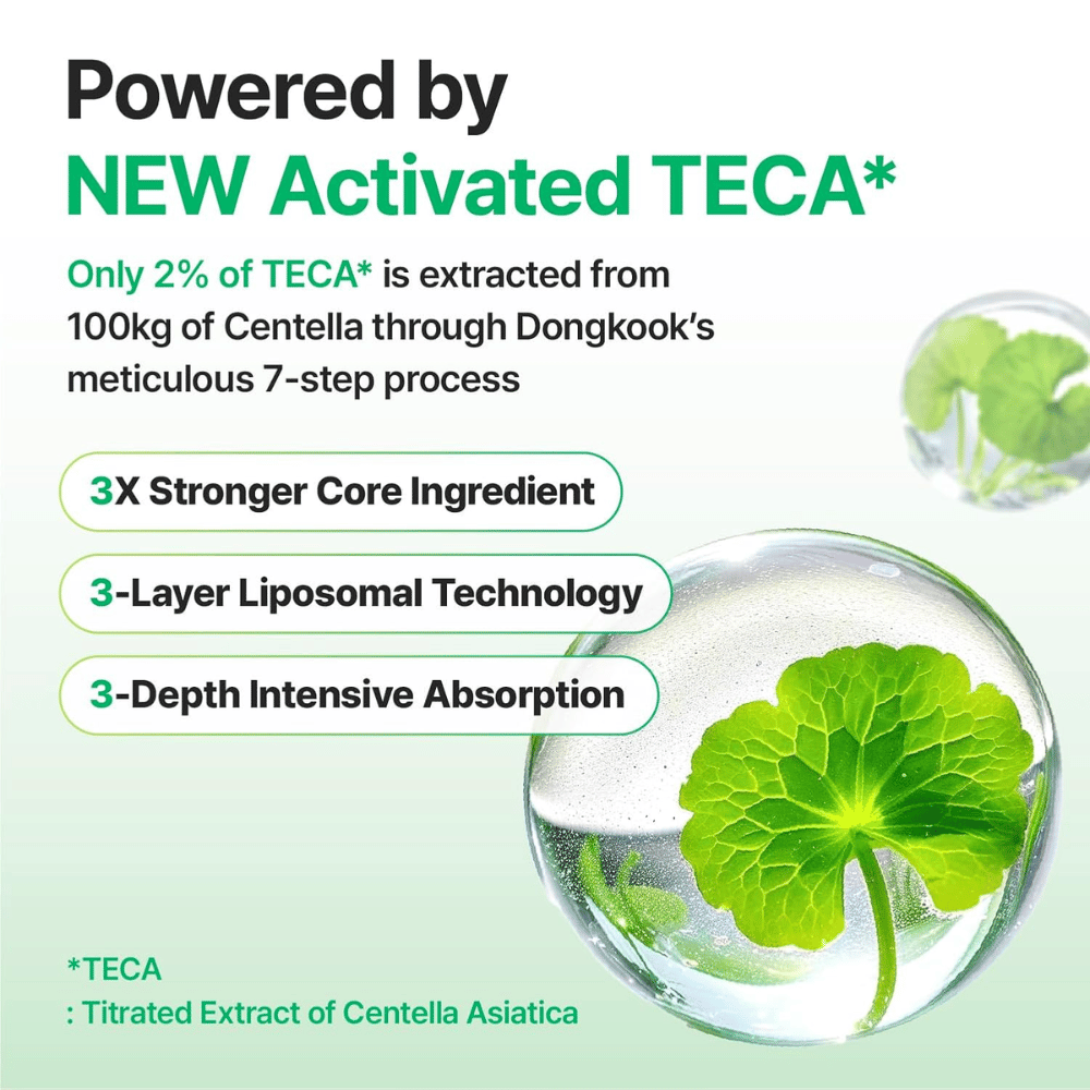 Grafika, ki pojasnjuje Activated TECA iz Centella Asiatica v Centellian24 Madeca Cream, z liposomalno tehnologijo, ki omogoča globoko absorpcijo in krepi obnovitveno sposobnost kože.