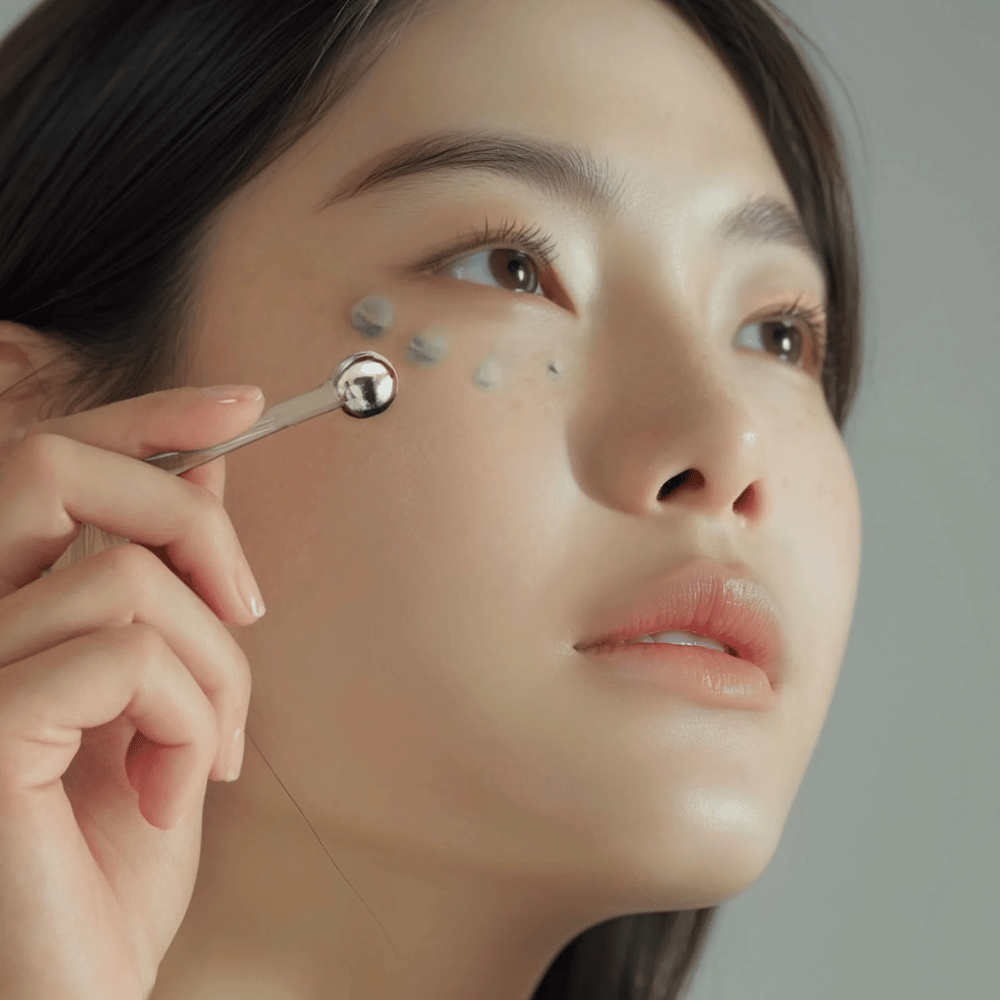 Ženska nanese Heimish Marine Care Algae + Peptide Eye Cream pod oko z metalnim aplikatorjem za hladilni in osvežujoč učinek. Krema pomaga vlažiti in zmanjšati znake staranja okoli oči.