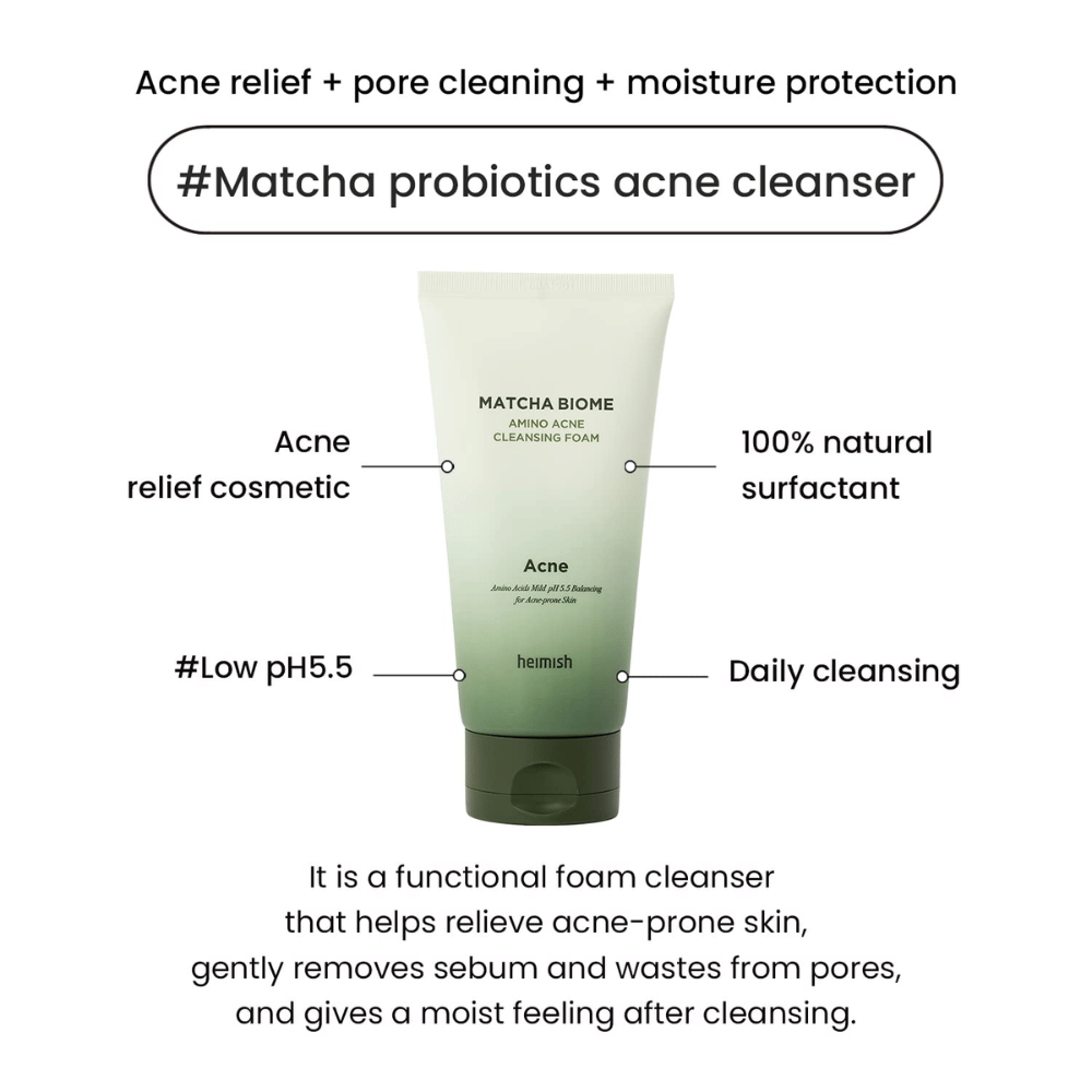 Heimish Matcha Biome Amino Acne Cleansing Foam low pH 5.5 – čistilo za akne, ki čisti pore, zmanjšuje sebum in vlaži kožo