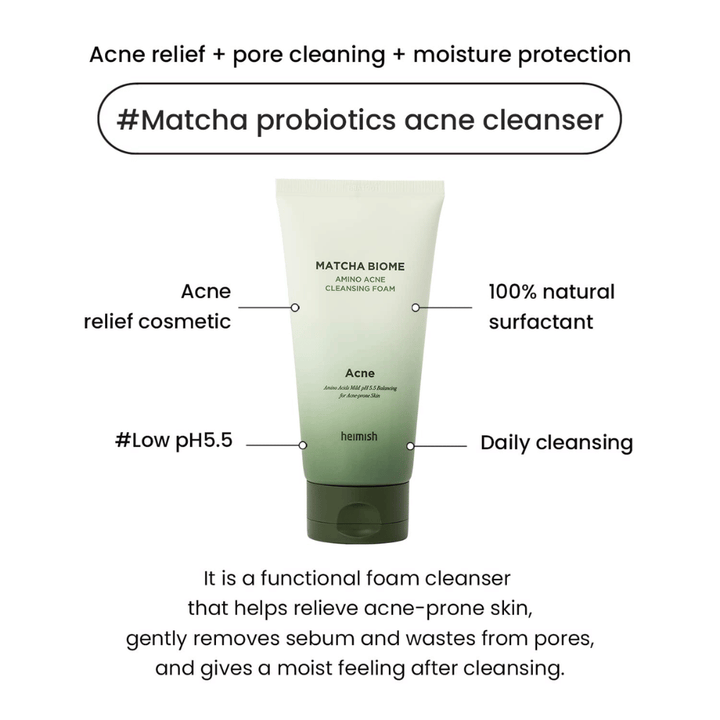 Heimish Matcha Biome Amino Acne Cleansing Foam low pH 5.5 – čistilo za akne, ki čisti pore, zmanjšuje sebum in vlaži kožo