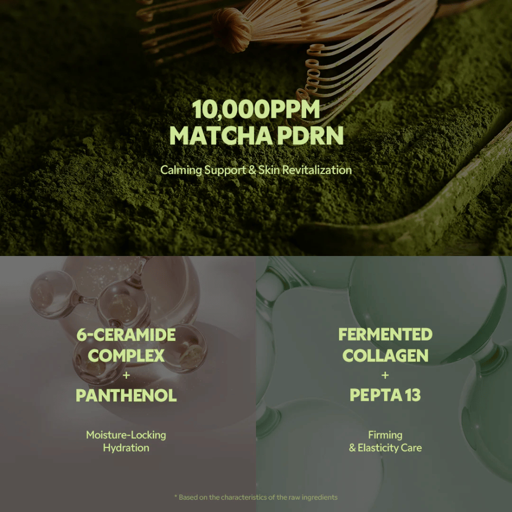 Matcha PDRN 10 000 ppm v TIRTIR Matcha Calming Cream, ki pomirja draženje, krepi kožo in nudi revitalizacijski učinek.