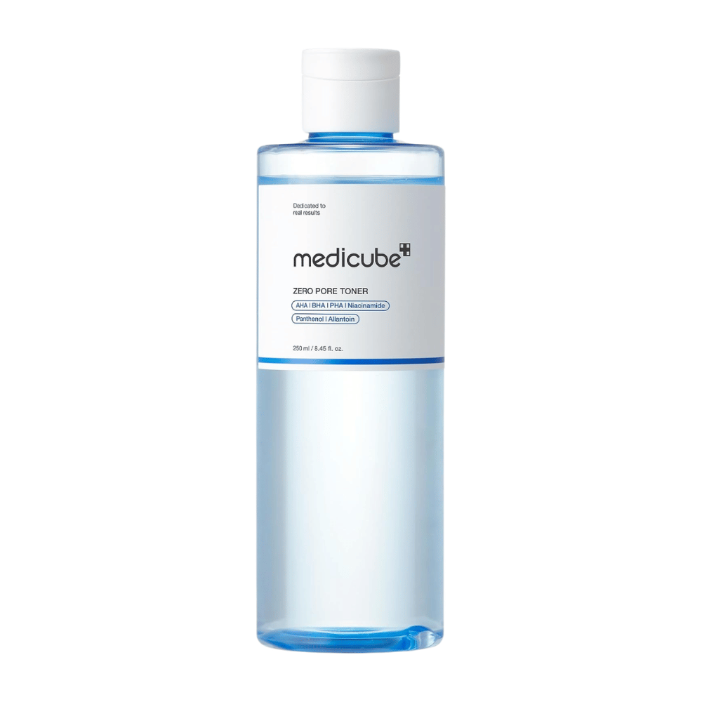 Medicube Zero Pore Toner 250 ml, eksfolianten tonik za obraz z AHA, BHA, PHA in niacinamidom v prosojni modri steklenički na belem ozadju.
