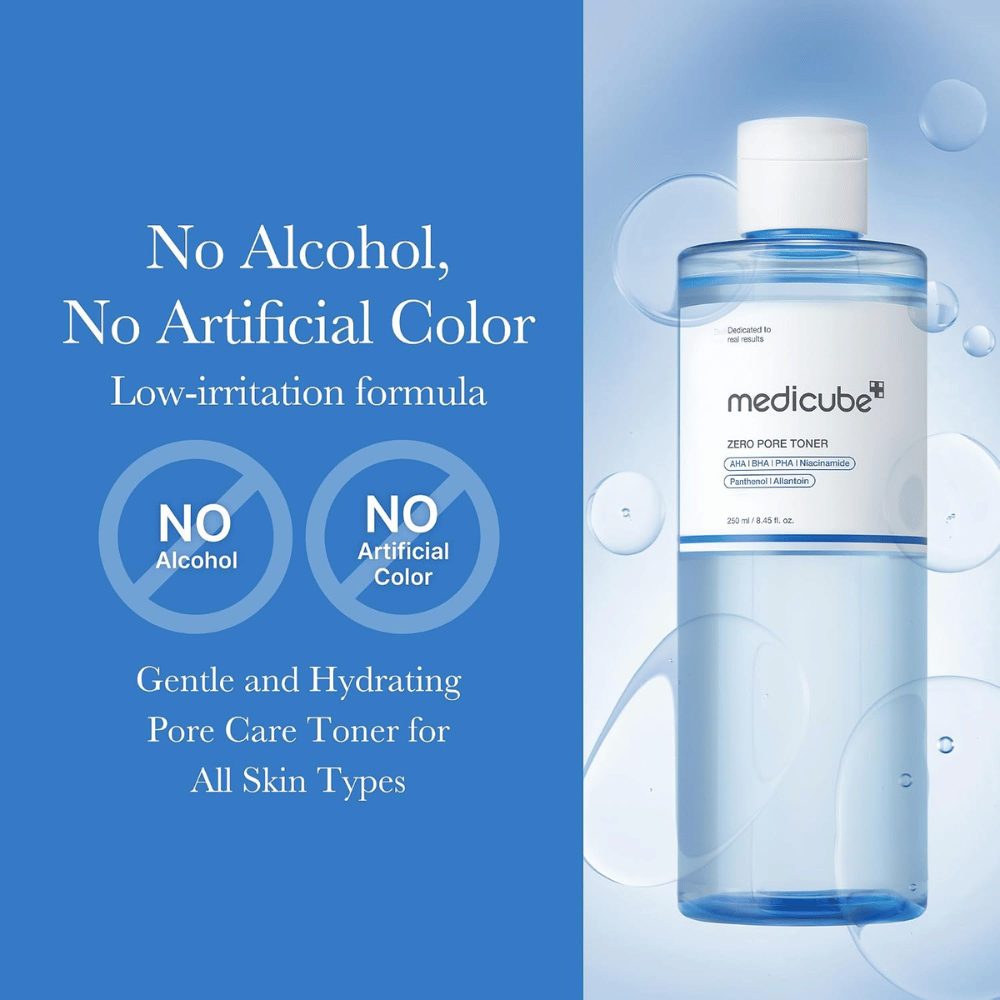 Medicube Zero Pore Toner 250 ml, vlažilni tonik za obraz brez alkohola in umetnih barvil. Modra steklenička z vodnimi mehurčki.