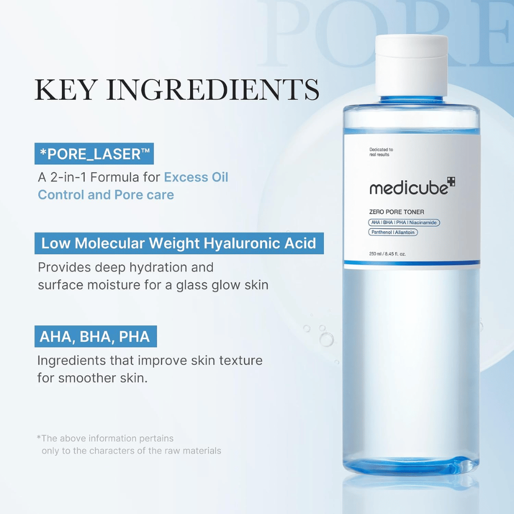 Medicube Zero Pore Toner z AHA, BHA, PHA in hialuronsko kislino. Pregled sestavin za vlaženje, enakomernejšo teksturo kože in pore.