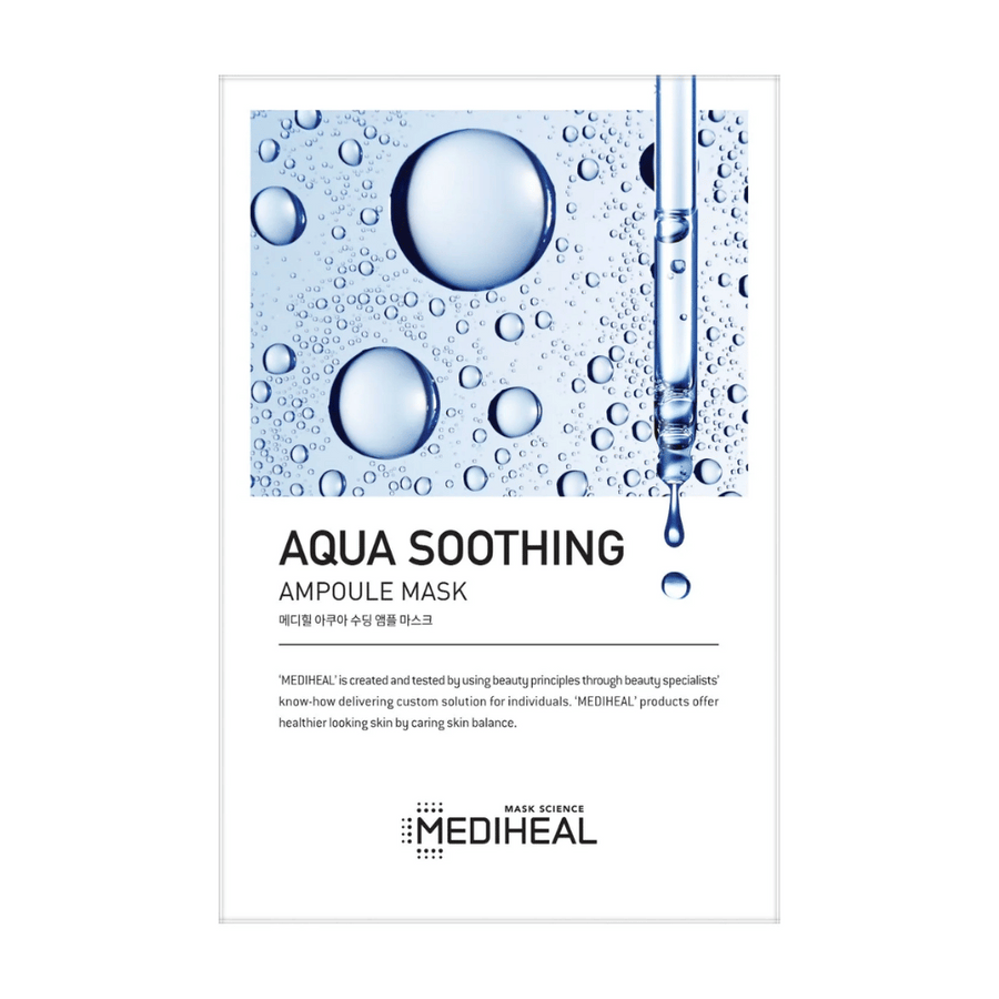 Embalaža MEDIHEAL AQUA SOOTHING AMPOULE MASK z grafično podobo vodnih kapljic in pipeto, ki spušča kapljico, vse na beli podlagi. Logotip blagovne znamke MEDIHEAL je viden v spodnjem delu slike.