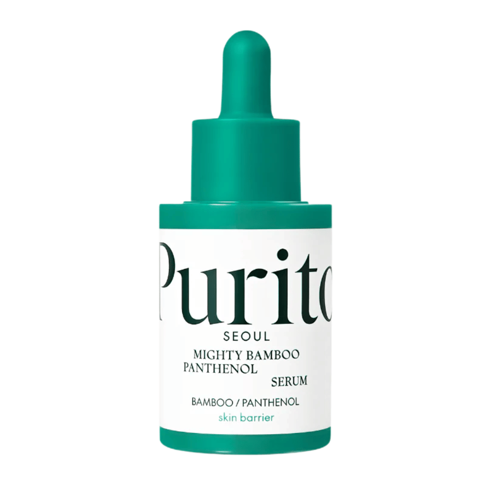 Purito Mighty Bamboo Panthenol Serum – minimalistična zelena steklenička z negovalnim serumom za občutljivo in suho kožo.