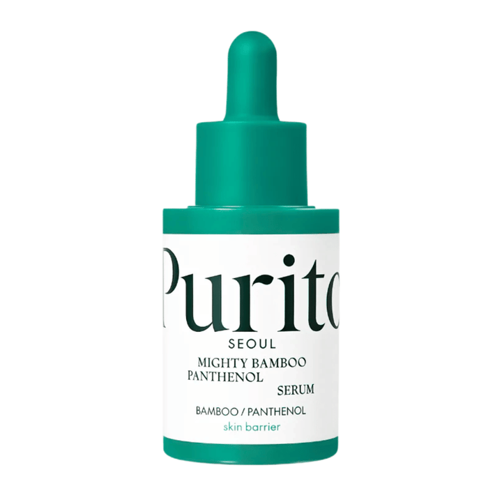 Purito Mighty Bamboo Panthenol Serum – minimalistična zelena steklenička z negovalnim serumom za občutljivo in suho kožo.