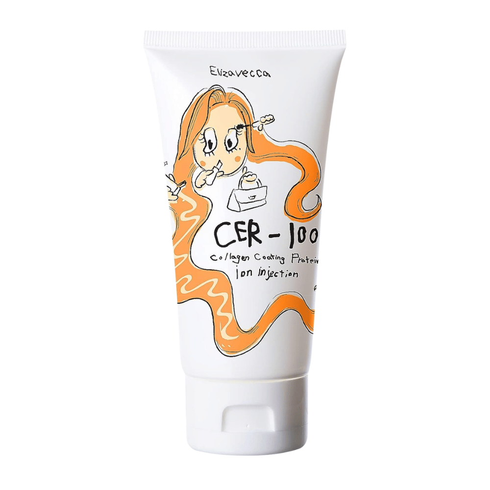 Slika izdelka Elizavecca CER-100 Collagen Coating Protein Ion Injection z ilustriranim dizajnom in oranžnimi detajli.