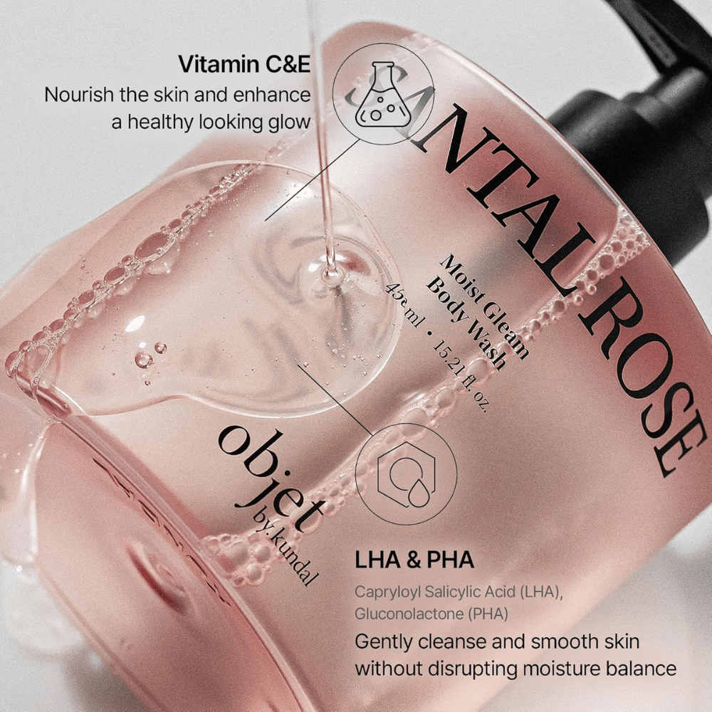 Objet by KUNDAL Santal Rose Moist Gleam Body Wash z vitaminoma C in E ter piling kislinama LHA in PHA.