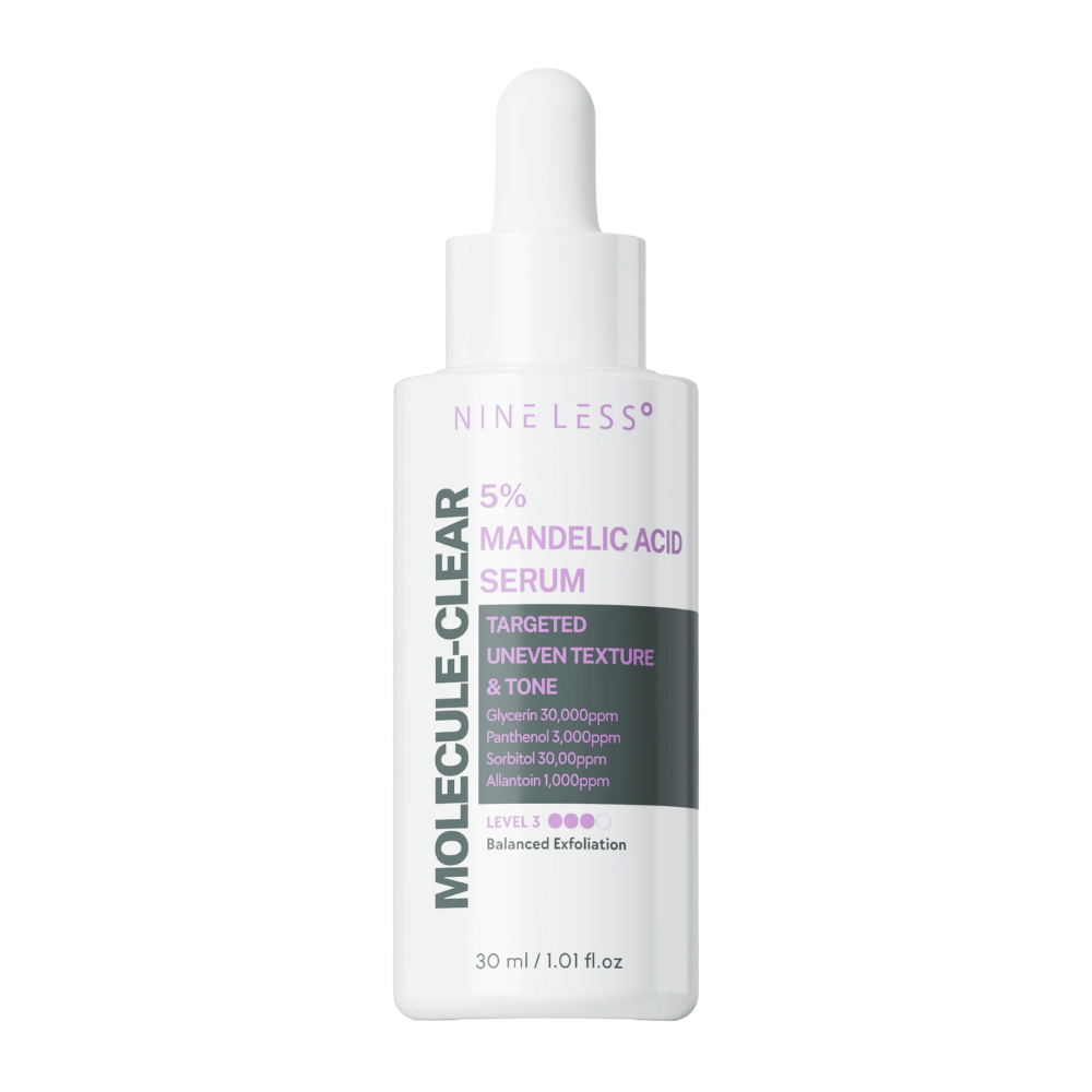 Nine Less Molecule-Clear 5% Mandelna kislina serum v beli steklenici s pipeto, formulirano za občutljivo kožo in uravnoteženo eksfoliacijo neenakomernega tena in teksture kože.
