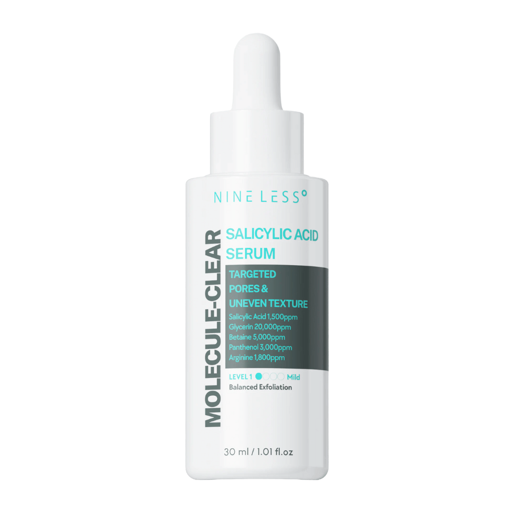 Nineless Molecule-Clear Salicylic Acid Serum 30 ml – eksfoliacijski serum z BHA, glicerinom, betainom in pantenolom za zmanjšanje por, izravnavo teksture kože in vlaženje.
