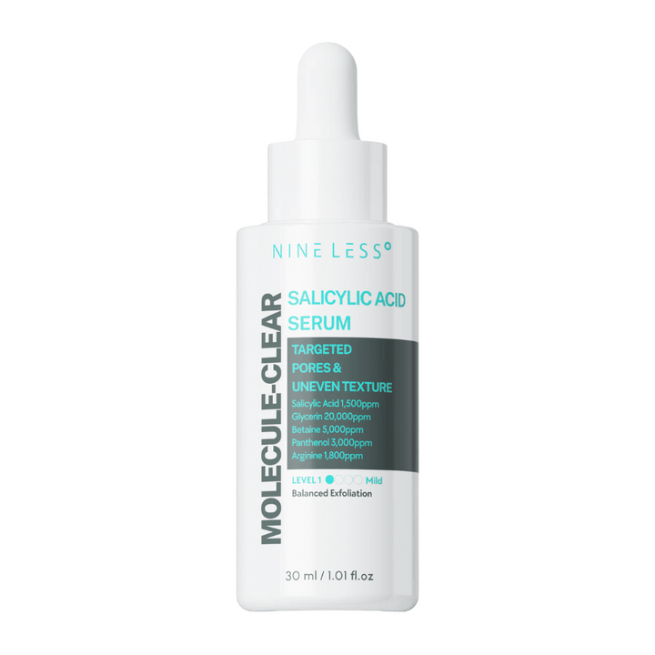 Nineless Molecule-Clear Salicylic Acid Serum 30 ml – eksfoliacijski serum z BHA, glicerinom, betainom in pantenolom za zmanjšanje por, izravnavo teksture kože in vlaženje.