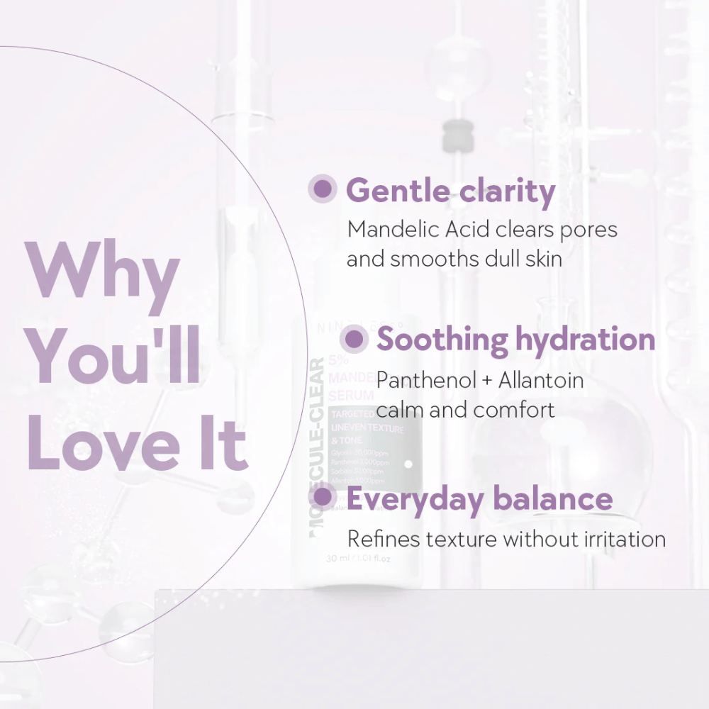 Grafika z besedilom, ki pojasnjuje prednosti Nine Less Molecule-Clear 5% Mandelna kislina seruma: blaga jasnost, pomirjujoča hidracija in dnevno ravnovesje za kožo.