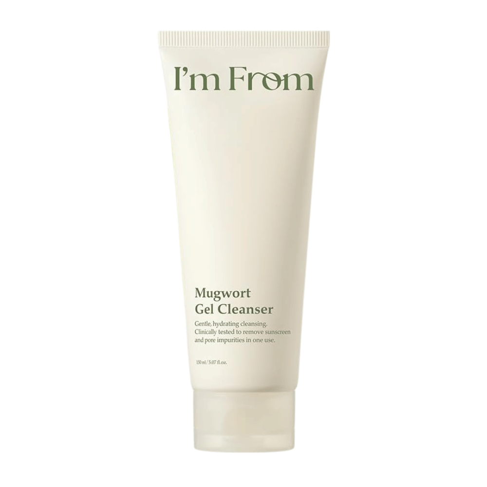I'm From Mugwort Gel Cleanser 150 ml, nežno in vlažilno čistilo za obraz z mugwortom v svetlo bež tubi na belem ozadju.