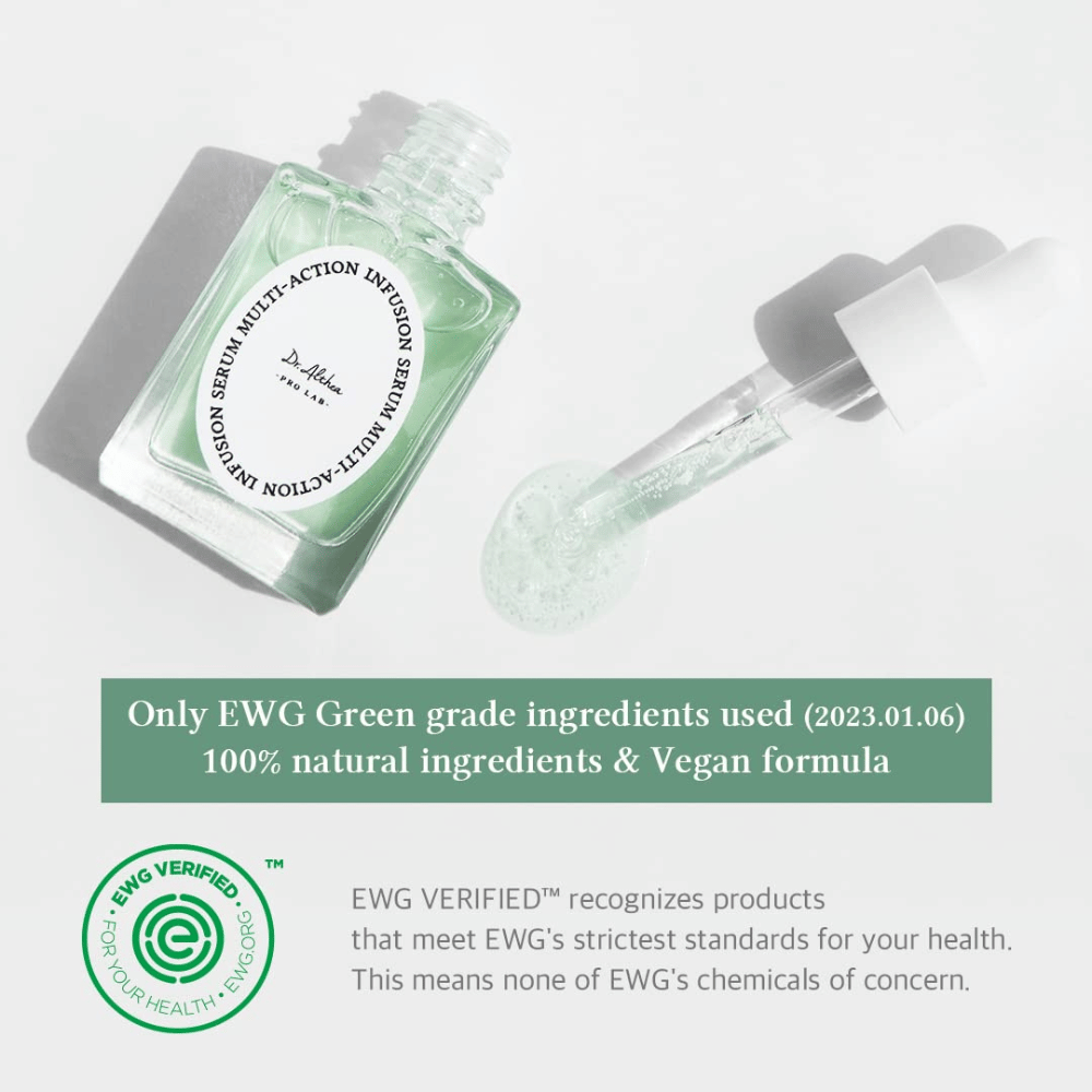Dr. Althea Multi Action Infusion Serum z vegansko formulo in EWG certificiranimi sestavinami, nežno za občutljivo kožo in brez škodljivih snovi.