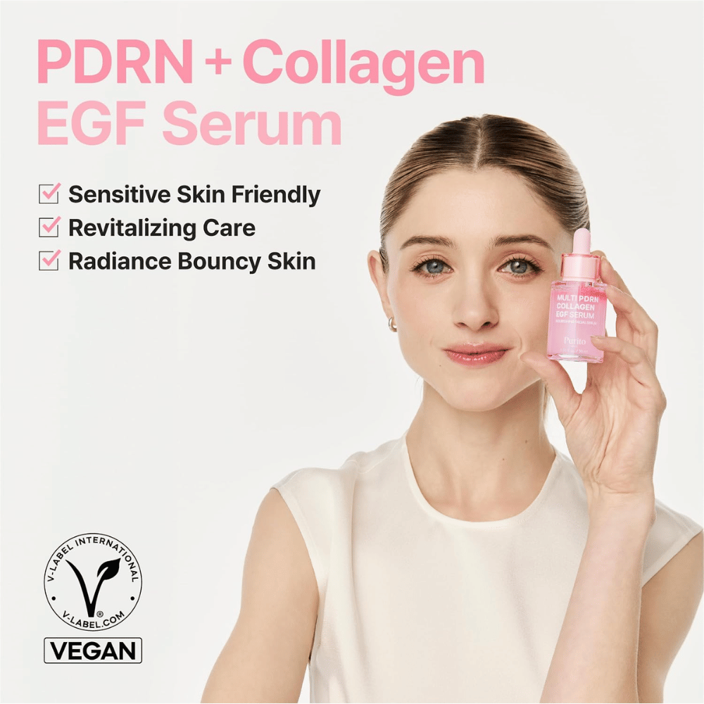 Purito Multi PDRN Collagen EGF Serum – veganski serum za občutljivo kožo, sijaj in čvrstost.