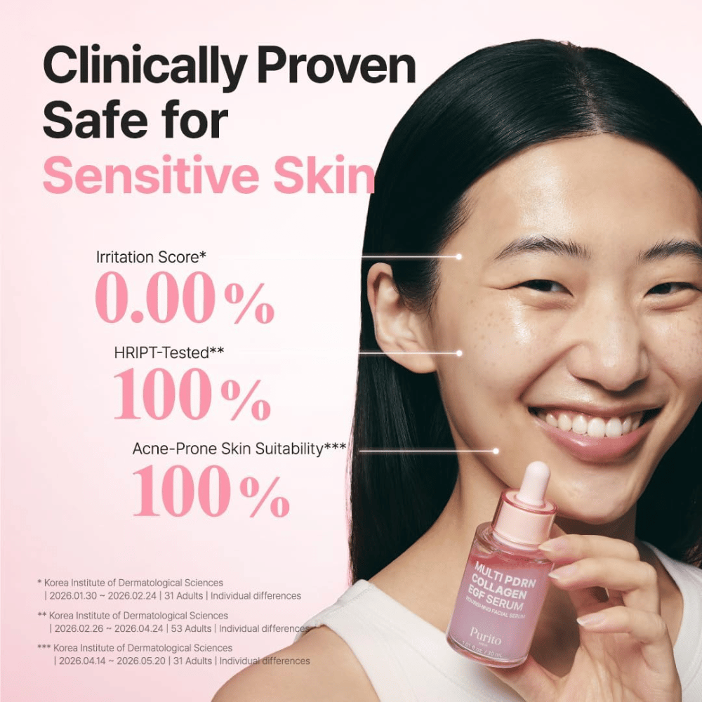 Purito Multi PDRN Collagen EGF Serum – klinično testiran serum, primeren za občutljivo kožo in kožo, nagnjeno k aknam.