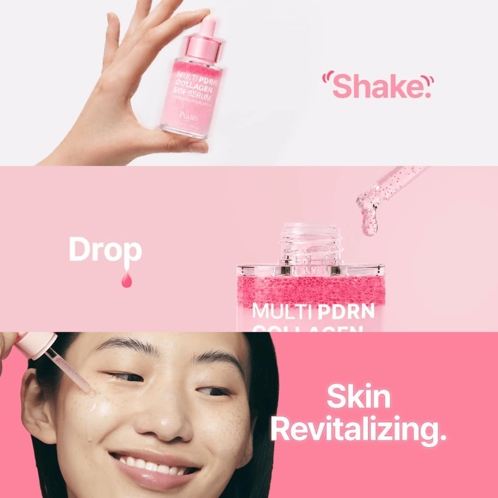 Purito Multi PDRN Collagen EGF Serum – nanos rožnatega seruma za navlaženo in revitalizirano kožo.