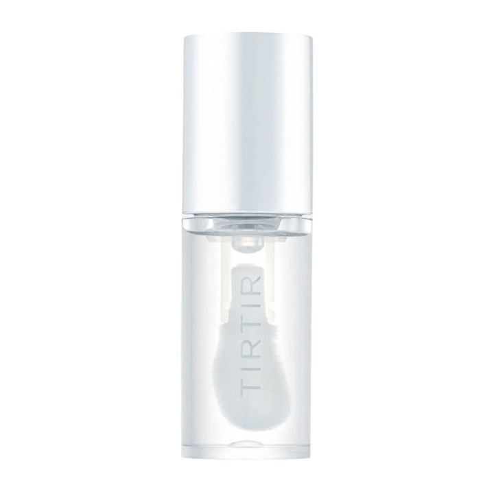 TIRTIR My Glow Lip Oil v prozorni steklenički z belim pokrovčkom in minimalističnim dizajnom, postavljen na belo ozadje.