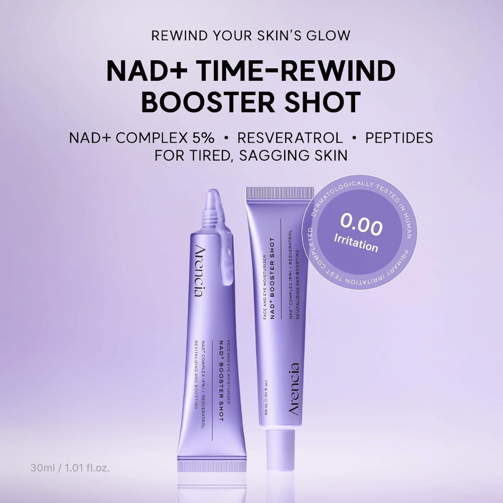 Arencia NAD+ Booster Shot z 5% NAD+ Complex, resveratrolom in peptidi – dermatološko testirana krema za obraz za utrujeno in zrelo kožo.