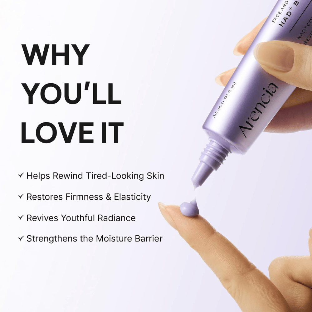 Arencia NAD+ Booster Shot 30 ml – negovalna krema za obraz, ki krepi kožno bariero ter zagotavlja čvrstost, elastičnost in sijaj.