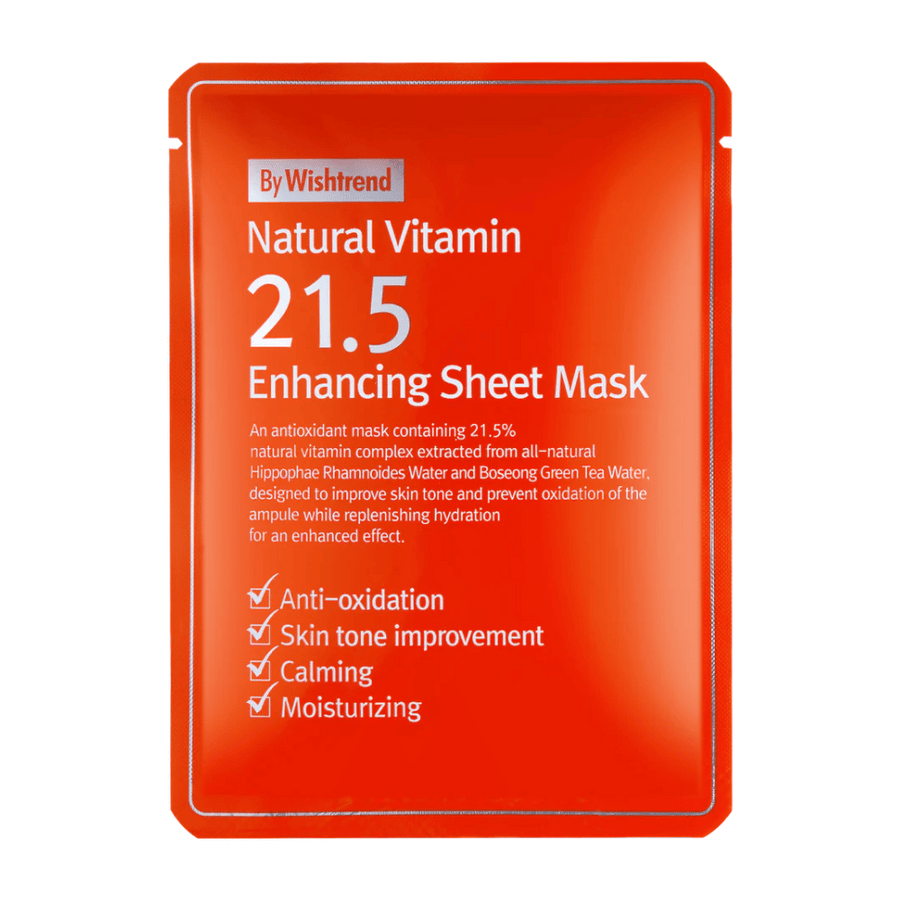 By Wishtrend Natural Vitamin 21.5% Enhancing Sheet Mask v rdeči embalaži z belim besedilom, ki poudarja njene antioksidativne in vlažilne lastnosti.