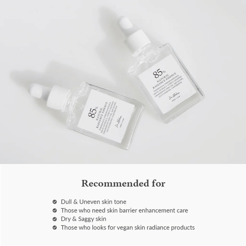 Dr. Althea Natural Radiance Essence z 85% izvlečkom Kakadu slive, primeren za pusto kožo, neenakomeren ten kože in suho kožo, ki potrebuje okrepljeno kožno pregrado.