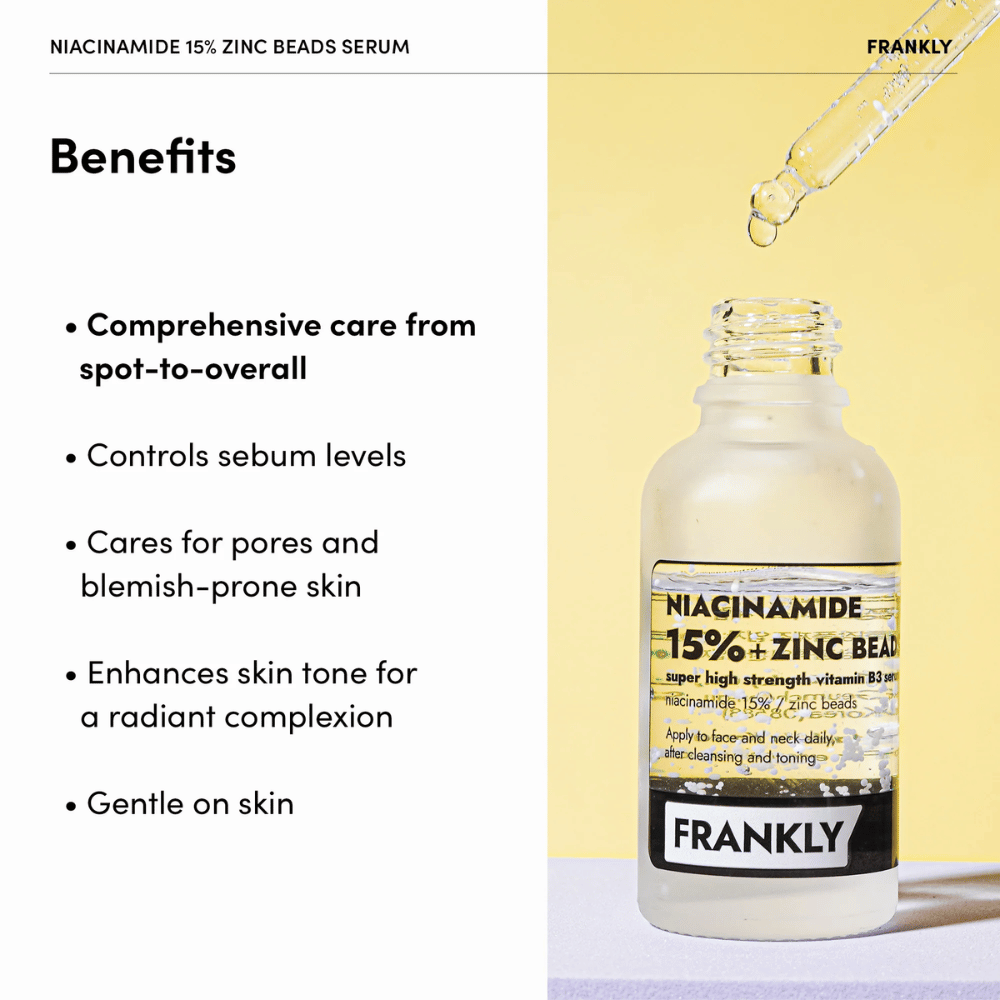 Steklenička FRANKLY Niacinamide 15% + Zinc Beads Serum na rumeni podlagi. Besedilo navaja prednosti: uravnava sebum, zmanjšuje pore in izenačuje ten kože.