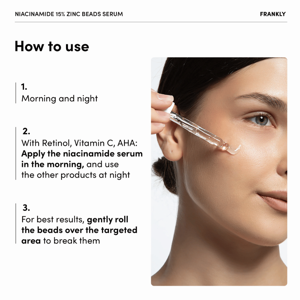 Ženska nanaša FRANKLY Niacinamide 15% + Zinc Beads Serum s pipeto na lice. Besedilo pojasnjuje uporabo zjutraj in zvečer ter nežno masiranje kroglic.