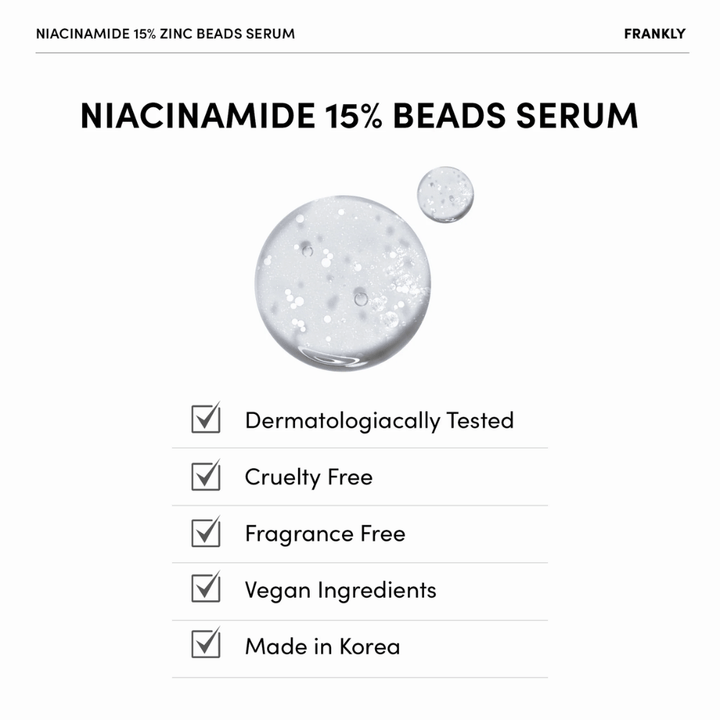 Prozoren gel z belimi kroglicami v FRANKLY Niacinamide 15% + Zinc Beads Serum. Besedilo prikazuje, da je izdelek veganski, brez dišav in dermatološko testiran.