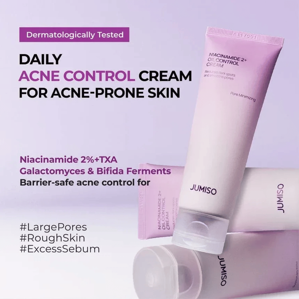 Trženjska slika JUMISO Niacinamide 2+ Oil Control Cream s poudarkom na vsakodnevni negi kože, nagnjene k aknam. Besedilo opisuje sestavine, kot so niacinamid, traneksamska kislina, galactomyces in bifida ferment, ki pomagajo uravnavati sebum in krepiti kožno bariero.