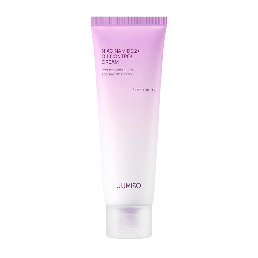 Slika izdelka JUMISO Niacinamide 2+ Oil Control Cream na svetlem ozadju. Rožnata in bela tuba poudarja osredotočenost izdelka na uravnavanje sebuma, zmanjševanje por in izboljšanje tena kože za mastno in mešano kožo.