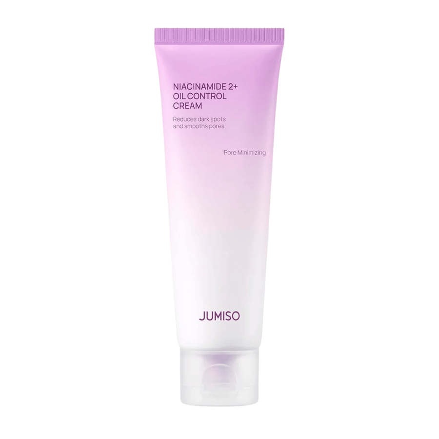 Slika izdelka JUMISO Niacinamide 2+ Oil Control Cream na svetlem ozadju. Rožnata in bela tuba poudarja osredotočenost izdelka na uravnavanje sebuma, zmanjševanje por in izboljšanje tena kože za mastno in mešano kožo.