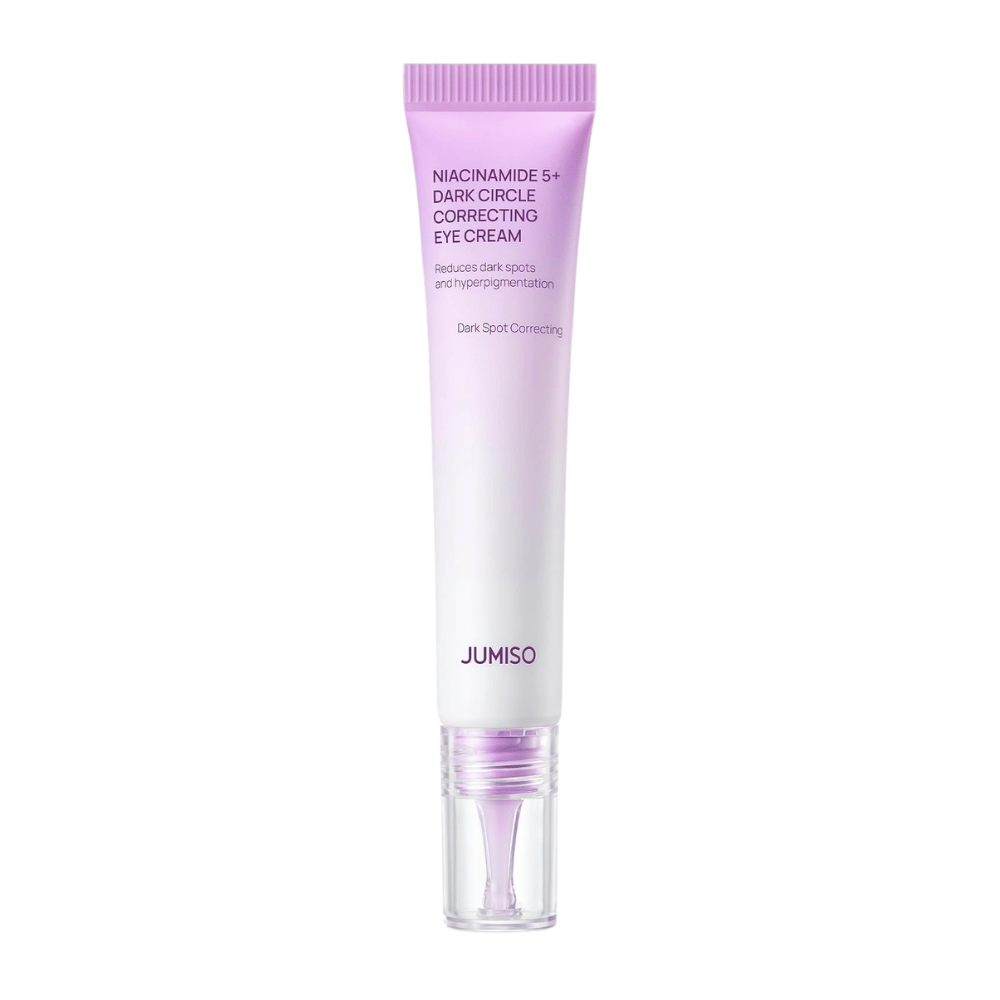 5. Jumiso Niacinamide 5+ Dark Circle Correcting Eye Cream – vijolična in bela tuba s prozornim aplikatorjem na belem ozadju