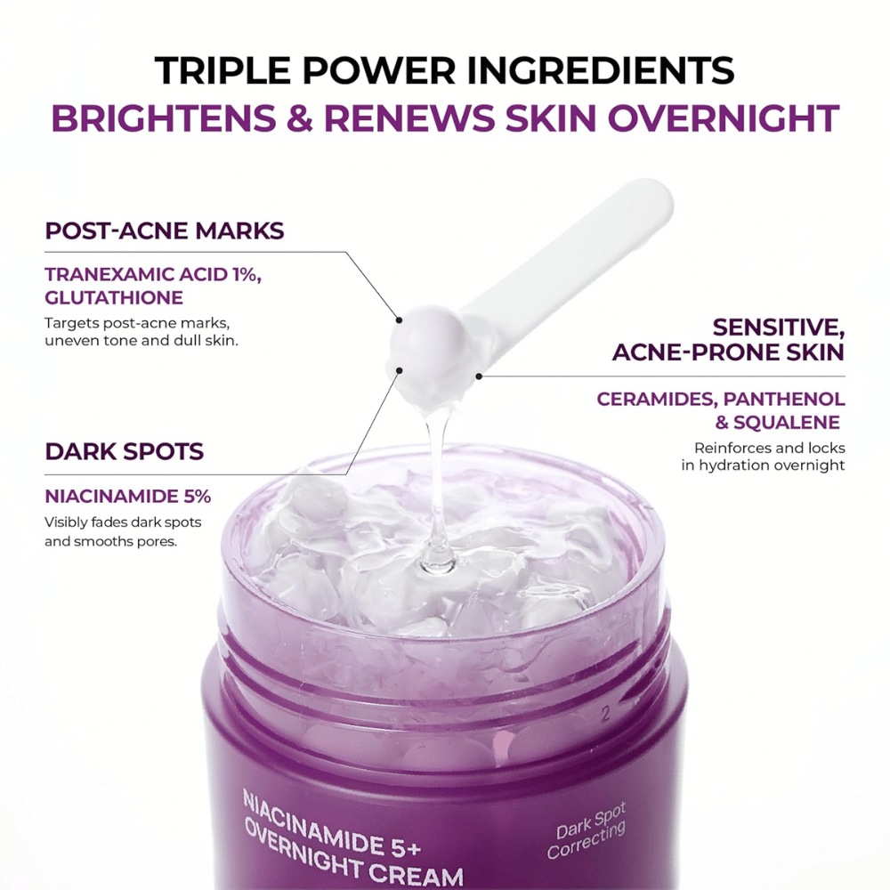 Bližnji posnetek JUMISO Niacinamide 5+ Overnight Cream s kapsulnim gelom in aktivnimi sestavinami, kot so niacinamid, traneksamična kislina, glutation, ceramidi, pantenol in squalane za sijaj in vlaženje.