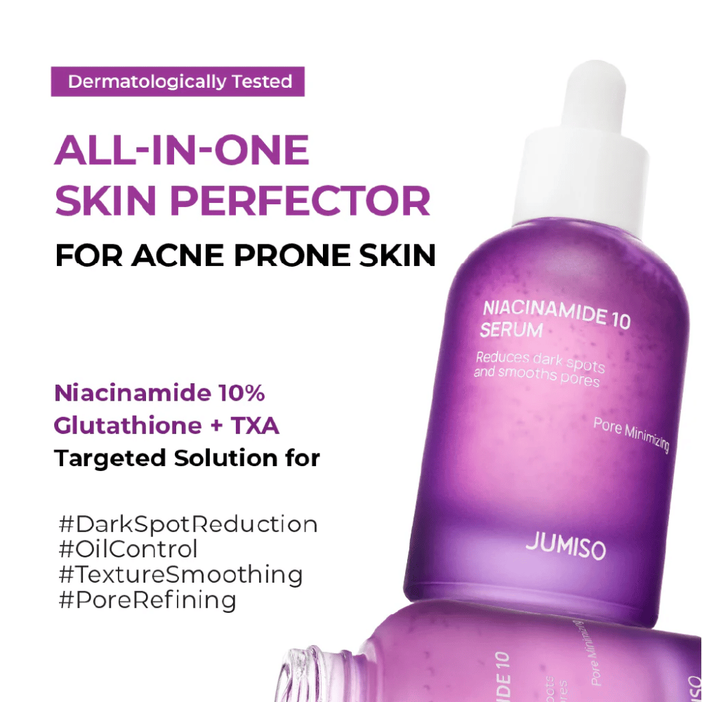 Jumiso Niacinamide 10 Serum – vse-v-enem serum za kožo, nagnjeno k aknam, z 10 % niacinamida, glutationsom in TXA, ki zmanjšuje temne lise in pore.