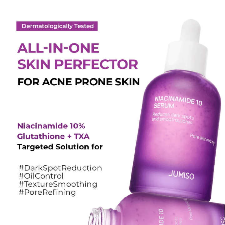 Jumiso Niacinamide 10 Serum – vse-v-enem serum za kožo, nagnjeno k aknam, z 10 % niacinamida, glutationsom in TXA, ki zmanjšuje temne lise in pore.