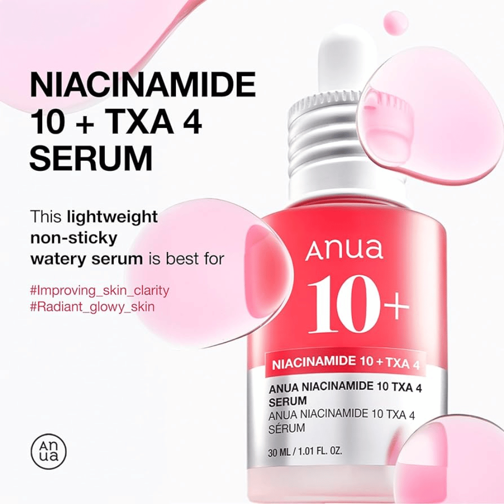 Lahkoten, vodni serum z 10% niacinamida in 4% traneksamske kisline. Neljepljiva formula, ki izboljšuje jasnost kože in daje sijoč videz.
