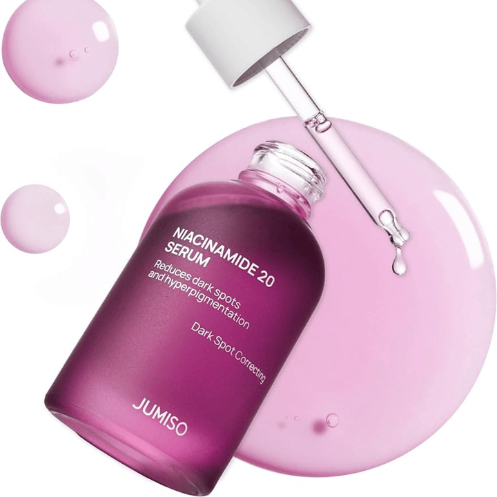 Povečava Jumiso Niacinamide 20 Serum – svetlo roza tekstura, ki učinkovito posvetli ton kože in zmanjša hiperpigmentacijo.