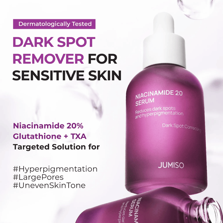 Jumiso Niacinamide 20 Serum – močan serum z 20 % niacinamida, glutationa in TXA, ki zmanjšuje temne lise in hiperpigmentacijo, primeren tudi za občutljivo kožo.