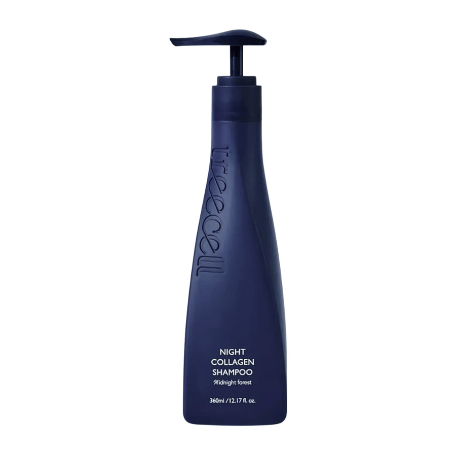 Elegantna izrezana produktna slika Treecell Night Collagen Shampoo Midnight Forest na svetlem ozadju s poudarkom na minimalističnem dizajnu in premium občutku.
